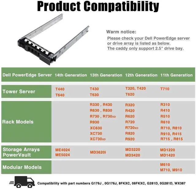 Alt view image 3 of 5 - 10 Pack 2.5 Inch SFF SAS SATA NVMe SSD Hard Drive Tray Caddy PN G176J 0G176J Hot Swap Carrier Compatible with Dell PowerEdge 12G 13G 14G T440 T640 R630 R730 R730XD T430 T630 R830 R930 R720 R820 R920 S