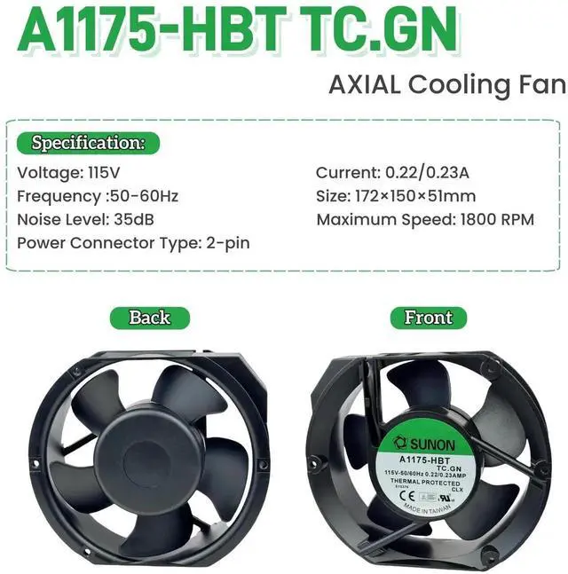Alt view image 2 of 7 - Vszerda SUNON A1175-HBT TC.GN 172×150×51mm AC Axial Cooling Fan 115VAC 0.22/0.23A 50/60Hz 2-Pin Industrial Cabinet Fan