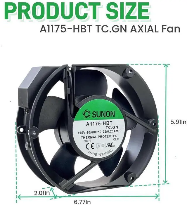Alt view image 7 of 7 - Vszerda SUNON A1175-HBT TC.GN 172×150×51mm AC Axial Cooling Fan 115VAC 0.22/0.23A 50/60Hz 2-Pin Industrial Cabinet Fan
