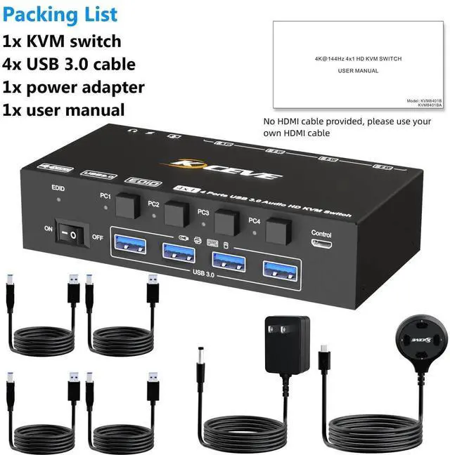 Alt view image 4 of 7 - Vszerda 4 Port HDMI USB3.0 KVM Switch 4K@60Hz with Audio & EDID Emulator, 4 PCs Share One Monitor, Keyboard & Mouse