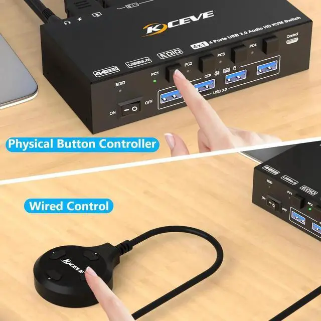 Alt view image 6 of 7 - Vszerda 4 Port HDMI USB3.0 KVM Switch 4K@60Hz with Audio & EDID Emulator, 4 PCs Share One Monitor, Keyboard & Mouse