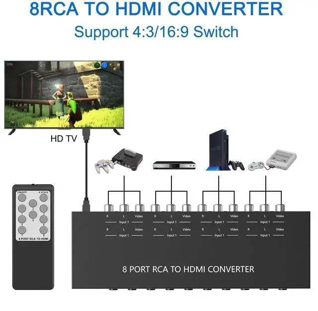 Alt view image 3 of 7 - WRIARICH 8-Port RCA CVBS AV to HDMI Converter Switch 1080P/720P, 8 In 1 Composite AV Adapter with Remote, Adjustable 4:3 & 16:9 Aspect Ratio for Retro Game Consoles, VHS, VCR, Camera & DVD Players