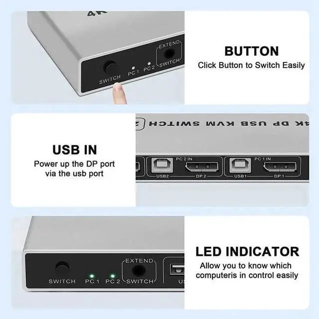 Alt view image 2 of 6 - Vszerda 2 Port DP 1.4 KVM Switch 2 In 1 Out, 8K@60Hz & 4K@60Hz Supported, USB Sharing for Keyboard Mouse Printer, USB Power Cable Included