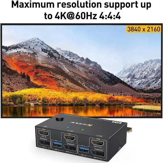 Alt view image 3 of 7 - Vszerda 2-Port HDMI+DP Dual Monitor KVM Switch, 4K@60Hz 2K@120Hz, 4 USB3.0 Ports, Wired Remote & 4 Cables Included