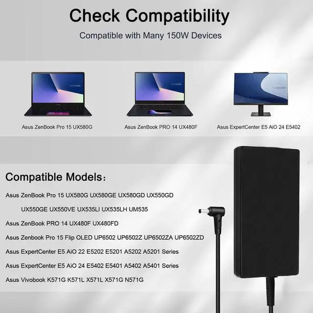 Alt view image 4 of 5 - Vszerda 150W Laptop Charger AC Adapter 4.5*3.0mm Tip Compatible with ASUS Zenbook Pro 14/15/17, Vivobook Pro 14/15/16/14X/16X, OEM ADP-150CH D A18-150P1A