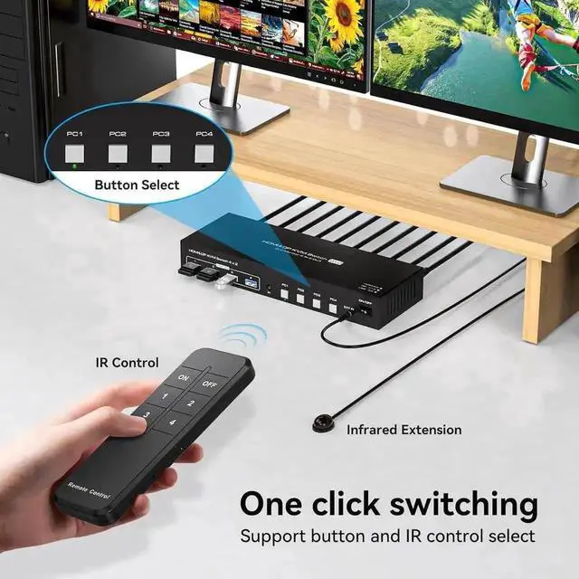 Alt view image 4 of 7 - Vszerda 4 Port Dual Monitor HDMI+DP KVM Switch, 4K@60Hz 2K@120Hz USB3.0 KVM Switcher with Remote, USB3.0 Cables & Power Adapter for 4 PCs Share 2 Displays & 4 USB 3.0 Devices