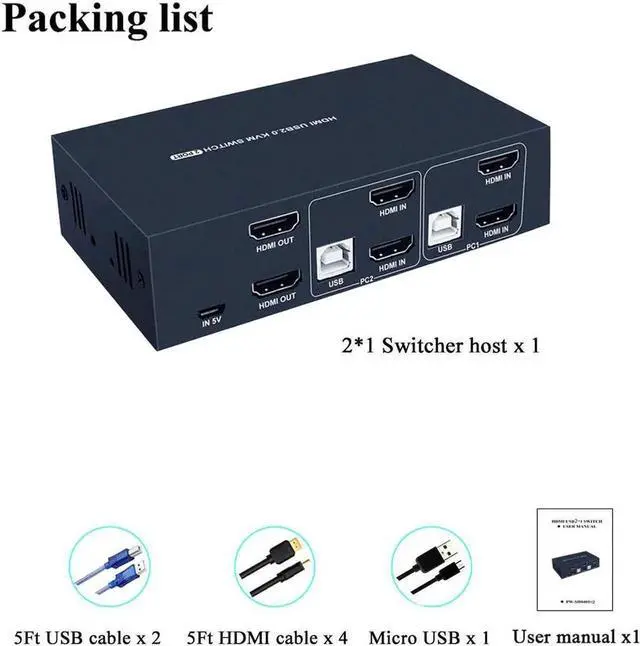 Alt view image 3 of 5 - Vszerda 2 Port Dual Monitor HDMI KVM Switch 4K@30Hz, 2 USB2.0 Hub, Hotkey Switch, No Power Adapter, 4 HDMI Cables Included