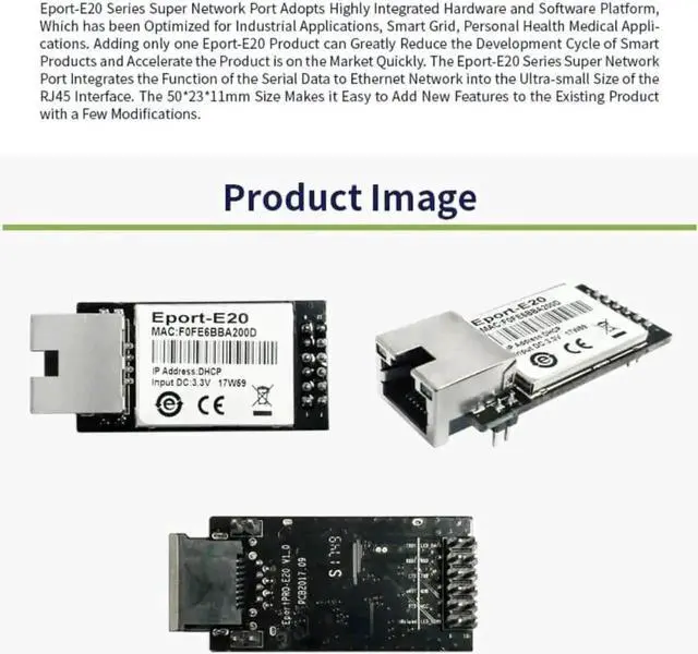 Alt view image 5 of 7 - Vszerda Eport-E20 FreeRTOS Embedded TTL Serial to Ethernet TCP/IP Server Module 3.3V Support DHCP Telnet for MCU, 10PCS Pack