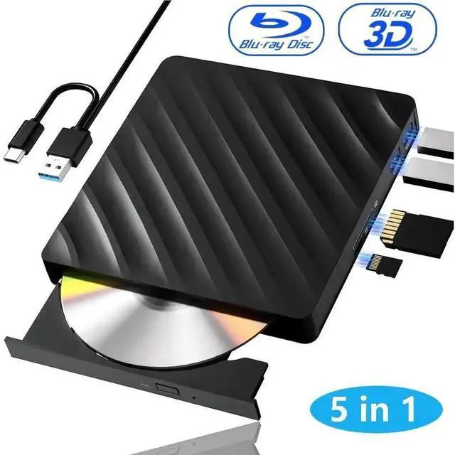 Main image of Vszerda 5-in-1 Slim Portable 3D External Blu Ray Burner USB3.0 Type-C BD DVD CD RW Reader Writer with SD TF Card Slots Compatible with Windows Laptop Desktop PC