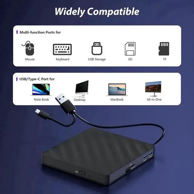 Alt view image 2 of 7 - Vszerda 5-in-1 Slim Portable 3D External Blu Ray Burner USB3.0 Type-C BD DVD CD RW Reader Writer with SD TF Card Slots Compatible with Windows Laptop Desktop PC