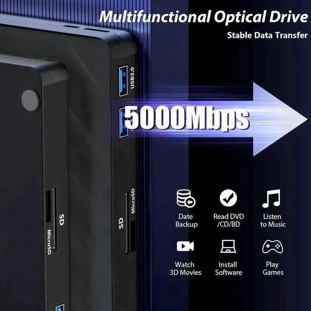 Alt view image 4 of 7 - Vszerda 5-in-1 Slim Portable 3D External Blu Ray Burner USB3.0 Type-C BD DVD CD RW Reader Writer with SD TF Card Slots Compatible with Windows Laptop Desktop PC