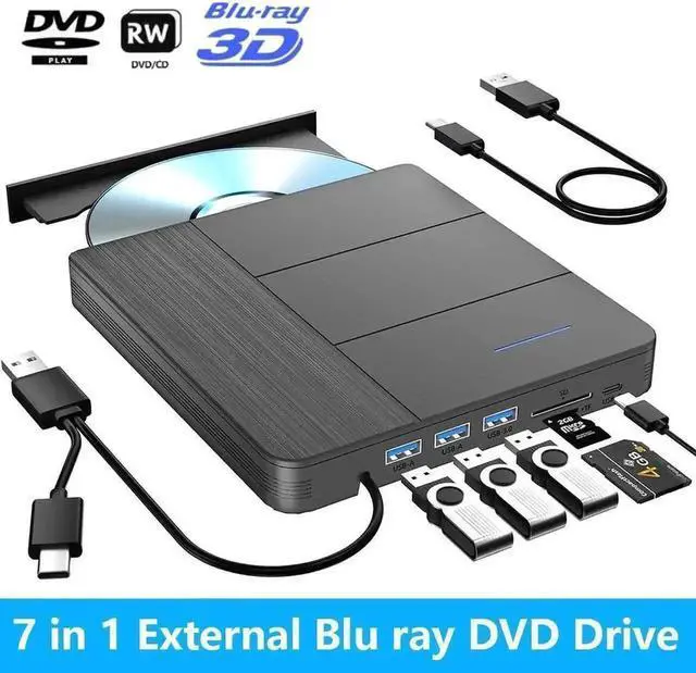 Main image of 7-in-1 Multifunctional External Blu Ray Burner with 4 USB Ports & SD TF Card Reader, Supports 100G BDXL Disc Read Write, USB3.0 Type-C Optical Drive Compatible with Windows XP/7/8/10/11 Linux Mac OS L