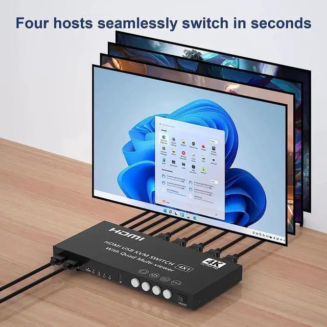 Alt view image 6 of 7 - Vszerda 4 Port 4 In 1 Out HDMI KVM Switch & Quad Multi-Viewer 4K@30Hz, Seamless 4 PC to Single Monitor Switcher with Hotkey, Front Button & IR Remote Control