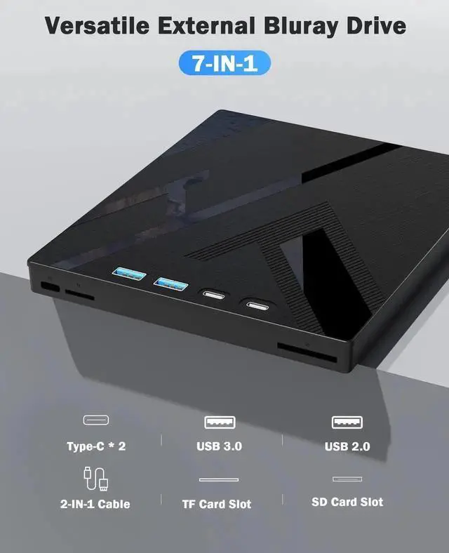 Alt view image 4 of 7 - Vszerda 7-in-1 Multifunctional External Blu Ray Burner USB3.0 Type-C Optical Drive with SD TF Card Reader, Supports 100G BDXL Disc Read & Write Compatible with Windows Linux Mac OS Laptop Desktop PC
