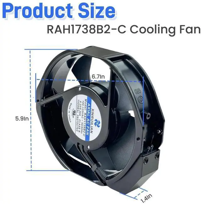 Alt view image 4 of 7 - Vszerda XINRUILIAN RAH1738B2-C AC Axial Cooling Fan 100-125VAC 0.25/0.26A 50/60Hz 172×150×38mm Industrial Cabinet Fan with 2-Pin BTH Connector