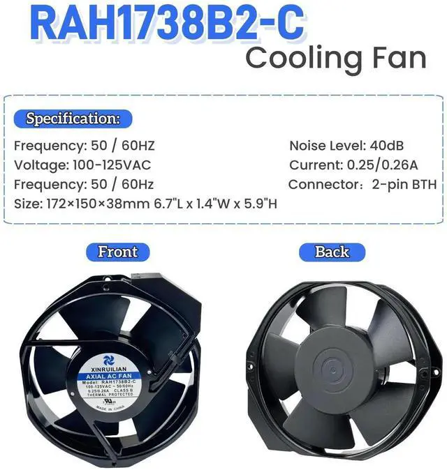 Alt view image 6 of 7 - Vszerda XINRUILIAN RAH1738B2-C AC Axial Cooling Fan 100-125VAC 0.25/0.26A 50/60Hz 172×150×38mm Industrial Cabinet Fan with 2-Pin BTH Connector