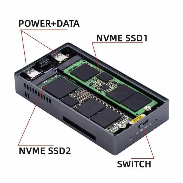 Alt view image 3 of 7 - Vszerda 20Gbps USB-C Dual M-Key NVMe RAID Enclosure with Cooling Fan, Support RAID0/RAID1/JBOD/BIG Mode