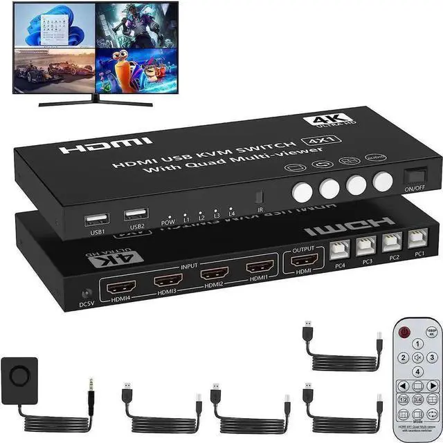 Main image of Vszerda 4 Port 4×1 Single Monitor HDMI KVM Switch 4K@30Hz, Quad Seamless Multi-Viewer, Support Hotkey, Button & IR Remote Control for 4 PCs