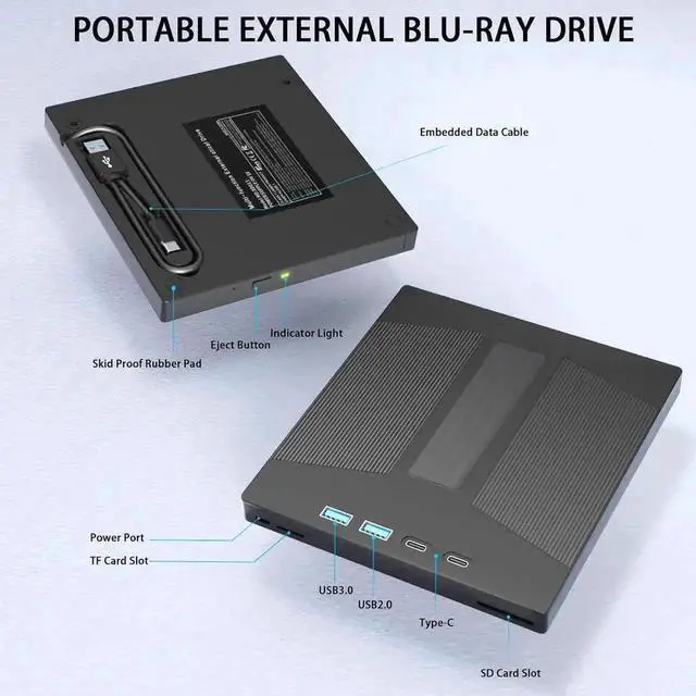 Alt view image 3 of 7 - 7-in-1 External Blu-Ray Drive, USB3.0 & Type-C Portable BD/DVD/CD RW Burner with SD/TF Card Reader, Supports 100G Large Capacity Disc Read & Write, Compatible with Windows XP/7/8/10/11 & Mac Laptops D