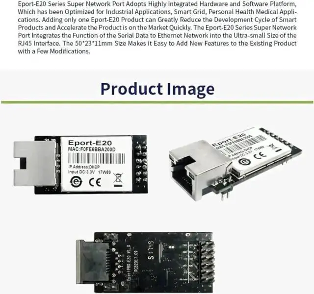 Alt view image 6 of 6 - Vszerda 10 Pack Eport-E20 TTL Serial to Ethernet Embedded Module, FreeRTOS TCP/IP Network Converter 3.3V MCU Module Supports DHCP & Telnet for IoT Secondary Development