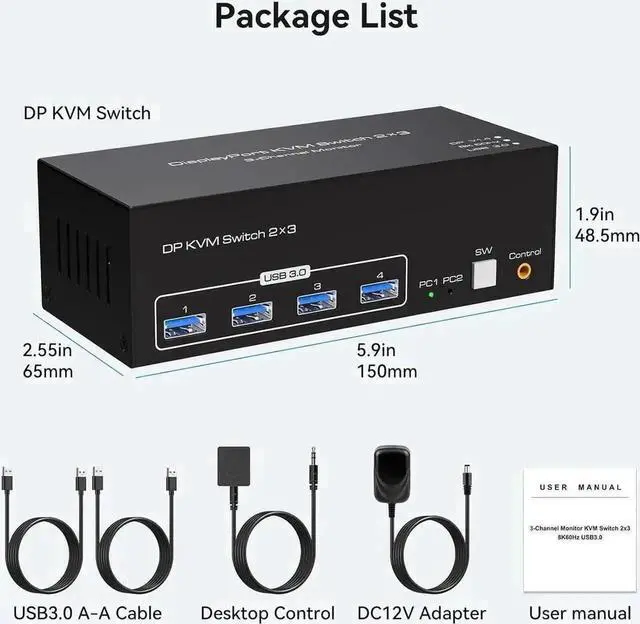 Alt view image 6 of 7 - Vszerda 2-Port Triple DP KVM Switch DP1.4, 8K@60Hz 4K@120Hz, 4 USB3.0 Ports, 12V DC Adapter & 2 USB Cables Included