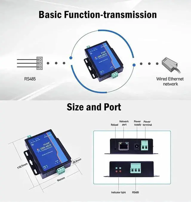 Alt view image 5 of 7 - Vszerda New Version USR-N510 (H7-4) 1-Port RS485 to Ethernet Serial Device Server Modbus RTU to TCP Converter with 12V Power Adapter