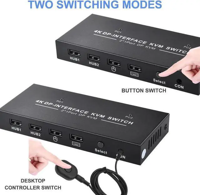 Alt view image 4 of 4 - Vszerda 2 Port 2 In 1 Out DP 1.2 KVM Switch 4K@60Hz, USB Sharing for Keyboard & Mouse, Single DisplayPort Monitor Control for 2 PCs