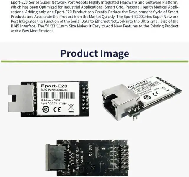 Alt view image 3 of 6 - Vszerda Eport-E20 FreeRTOS Embedded TTL UART to Ethernet TCP/IP Module 3.3V Support DHCP Telnet for MCU Development, 10PCS Pack