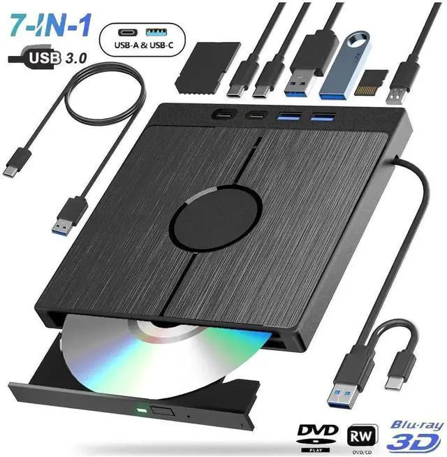 Main image of 7 in 1 Multifunctional External Blu Ray Burner USB3.0 Type-C Optical Drive with SD TF Card Reader, Supports 100G BDXL Disc Read Write Compatible with Windows XP/7/8/10/11 Mac OS Laptop Desktop PC