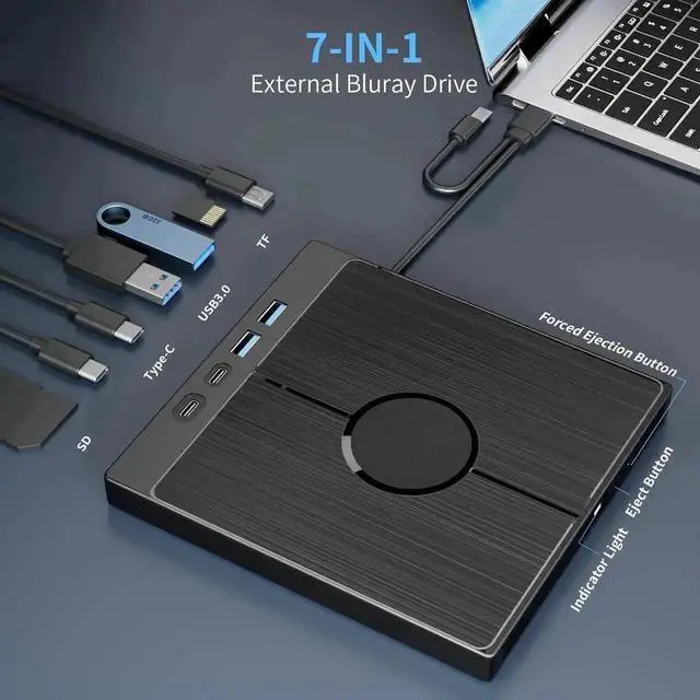 Alt view image 5 of 7 - 7 in 1 Multifunctional External Blu Ray Burner USB3.0 Type-C Optical Drive with SD TF Card Reader, Supports 100G BDXL Disc Read Write Compatible with Windows XP/7/8/10/11 Mac OS Laptop Desktop PC