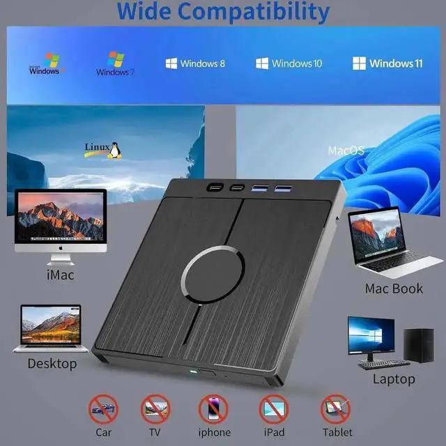 Alt view image 3 of 7 - 7 in 1 Multifunctional External Blu Ray Burner USB3.0 Type-C Optical Drive with SD TF Card Reader, Supports 100G BDXL Disc Read Write Compatible with Windows XP/7/8/10/11 Mac OS Laptop Desktop PC