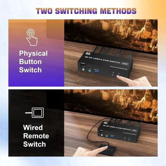 Alt view image 3 of 7 - Vszerda 2 Port DP 1.4 Dual Monitor USB 3.0 KVM Switch 8K@60Hz, Audio & Microphone Ports, 3 USB3.0 Ports, Wired Remote & 2 USB Cables Included for 2 PCs