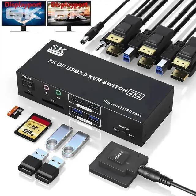 Main image of Vszerda 2-Port Dual DP KVM Switch 8K@60Hz 4K@120Hz, USB3.0, Audio & Mic, 4 USB Ports, SD/TF Card Slots