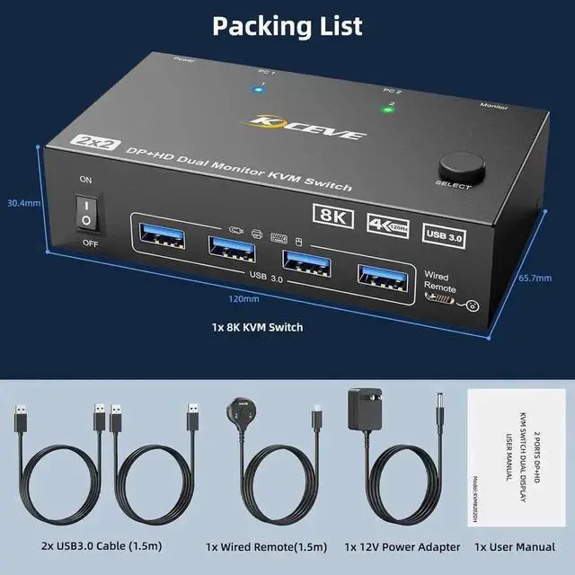 Alt view image 4 of 7 - Vszerda 2PC Hybrid DP+HDMI Dual Monitor USB3.0 KVM Switch, 8K@60Hz / 4K@144Hz, 4 USB3.0 Ports, With USB Cables, Power Adapter & Desktop Controller