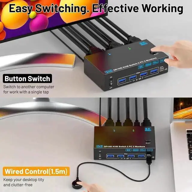 Alt view image 3 of 7 - Vszerda 2PC Hybrid DP+HDMI Dual Monitor USB3.0 KVM Switch, 8K@60Hz / 4K@144Hz, 4 USB3.0 Ports, With USB Cables, Power Adapter & Desktop Controller