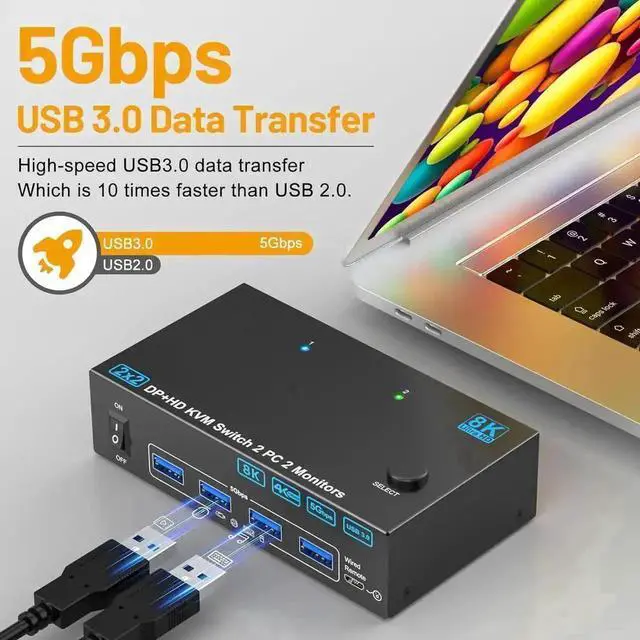 Alt view image 7 of 7 - Vszerda 2PC Hybrid DP+HDMI Dual Monitor USB3.0 KVM Switch, 8K@60Hz / 4K@144Hz, 4 USB3.0 Ports, With USB Cables, Power Adapter & Desktop Controller