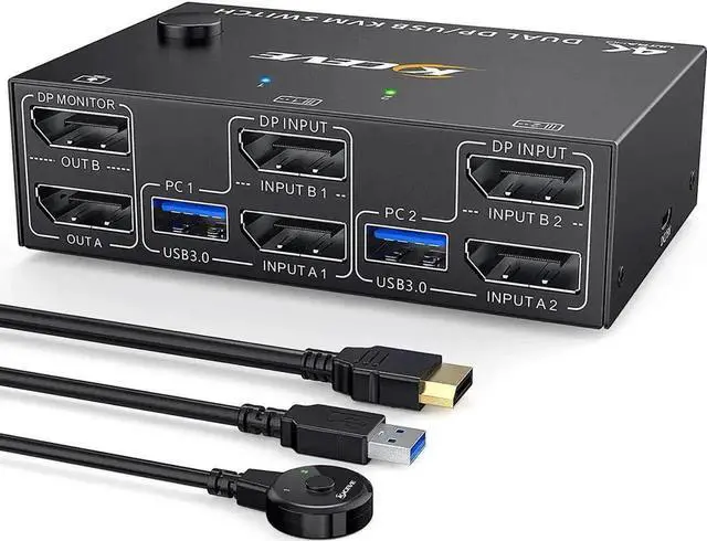 Main image of Vszerda 2 Port Dual Monitor DP 1.4 KVM Switch 8K@30Hz 4K@60Hz, 2 PCs Share 2 Screens, 4 USB 3.0 Ports, DP1.2 Backward Compatible, With DP USB Cables & Wired Controller