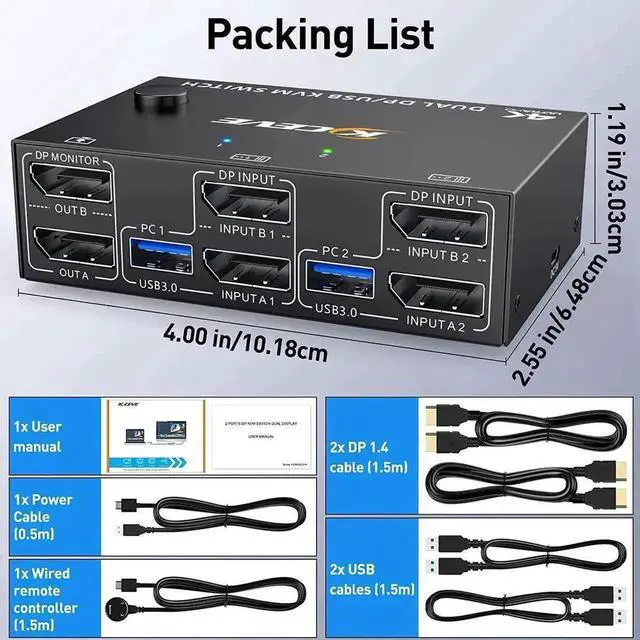 Alt view image 4 of 7 - Vszerda 2 Port Dual Monitor DP 1.4 KVM Switch 8K@30Hz 4K@60Hz, 2 PCs Share 2 Screens, 4 USB 3.0 Ports, DP1.2 Backward Compatible, With DP USB Cables & Wired Controller