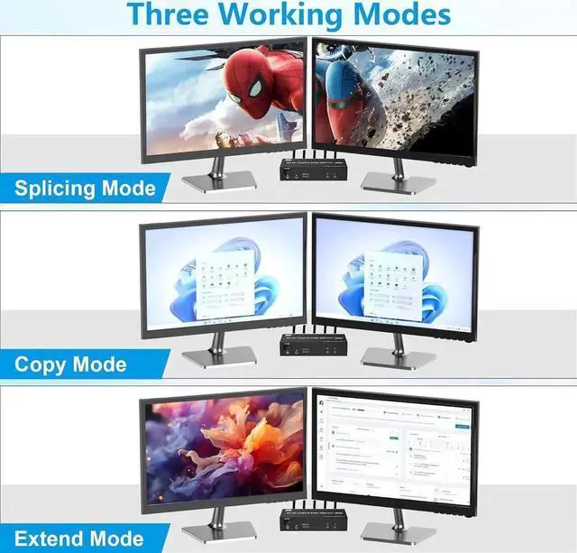 Alt view image 7 of 7 - Vszerda Dual Monitor DP 1.4 KVM Switch 8K@60Hz 4K@144Hz USB 3.0, Audio & Mic Jack, 3 USB Ports, Mirror & Extended Display Modes for 2 PCs Share 2 Displays