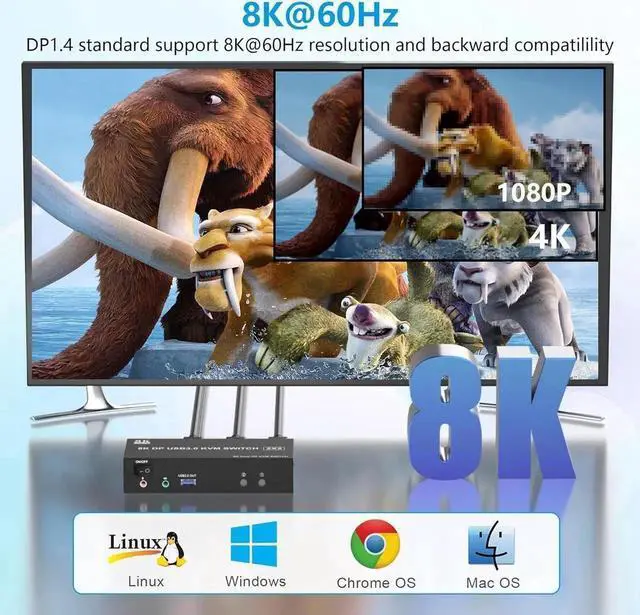 Alt view image 6 of 7 - Vszerda Dual Monitor DP 1.4 KVM Switch 8K@60Hz 4K@144Hz USB 3.0, Audio & Mic Jack, 3 USB Ports, Mirror & Extended Display Modes for 2 PCs Share 2 Displays