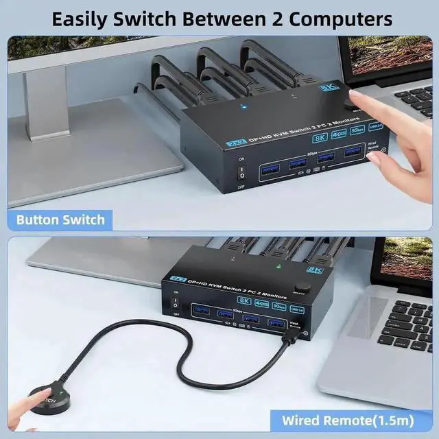 Alt view image 4 of 7 - 2 Port Dual Monitor HDMI & DP KVM Switch, 8K@60Hz 4K@144Hz USB3.0 KVM Switcher with 4 USB 3.0 Ports, Wired Remote, Power Adapter & USB Cables Included for 2 PCs Share Dual Monitors Keyboard Mouse Prin