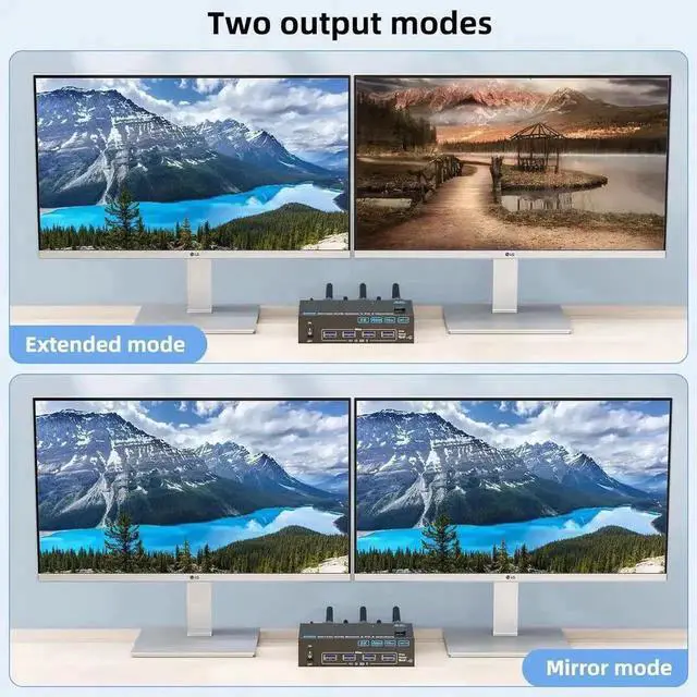 Alt view image 6 of 7 - 2 Port Dual Monitor HDMI & DP KVM Switch, 8K@60Hz 4K@144Hz USB3.0 KVM Switcher with 4 USB 3.0 Ports, Wired Remote, Power Adapter & USB Cables Included for 2 PCs Share Dual Monitors Keyboard Mouse Prin