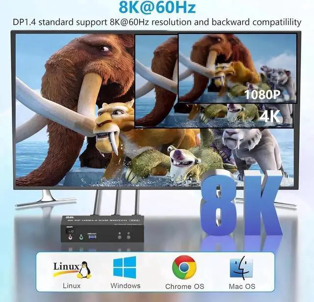 Alt view image 6 of 7 - Vszerda 2 Port Dual Monitor DP 1.4 KVM Switch, 8K@60Hz 4K@144Hz USB3.0 KVM Switcher with Audio & Mic, 3 USB Ports for 2 PCs Share 2 Screens, Support Extend & Mirror Display