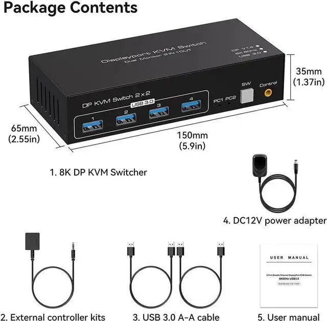Alt view image 5 of 5 - Vszerda 2 Port Dual Monitor DP 1.4 KVM Switch 8K@60Hz 4K@120Hz USB 3.0, External Desktop Controller, 4 USB 3.0 Ports for 2 PCs Share Dual Displays, Keyboard, Mouse & Printer