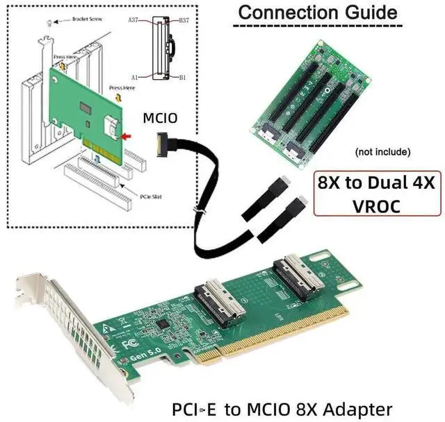 Alt view image 4 of 7 - Vszerda PCIe 5.0 x16 to Dual MCIO 8i SFF-TA-1016 VROC Adapter Card, Mini Cool Edge IO Converter for Motherboard NVMe SSD & GPU Extension