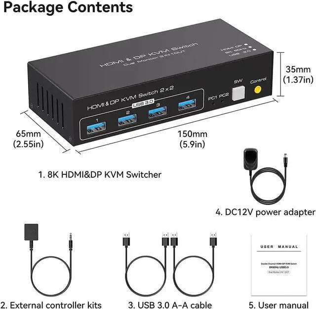 Alt view image 5 of 7 - Vszerda 2 Port Dual Monitor DP+HDMI Hybrid KVM Switch 8K@60Hz 4K@120Hz USB 3.0, External Wired Controller, 4 USB 3.0 Ports for 2 PCs Share 2 Displays & USB Peripherals
