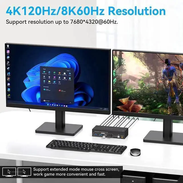 Alt view image 7 of 7 - Vszerda 2 Port Dual Monitor DP+HDMI Hybrid KVM Switch 8K@60Hz 4K@120Hz USB 3.0, External Wired Controller, 4 USB 3.0 Ports for 2 PCs Share 2 Displays & USB Peripherals