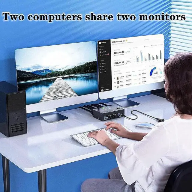 Alt view image 3 of 7 - Vszerda 8K DP 1.4 Dual Monitor USB 3.0 KVM Switch 2×2, 8K@30Hz / 4K@144Hz, 4 USB3.0 Ports, Wired Remote & 4 Connection Cables Included for 2 PCs