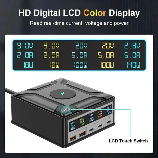 Alt view image 4 of 7 - 260W Multi-Device Charging Station with LCD Display, 5-Port Desktop Charger Station Featuring 3 USB-C, 2 USB-A Ports & 15W Wireless Charger, Universal Fast Charging Dock for iPhone, iPad, Cell Phones,