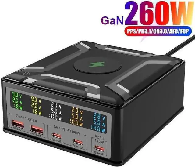Main image of 260W Multi-Device Charging Station with LCD Display, 5-Port Desktop Charger Station Featuring 3 USB-C, 2 USB-A Ports & 15W Wireless Charger, Universal Fast Charging Dock for iPhone, iPad, Cell Phones,